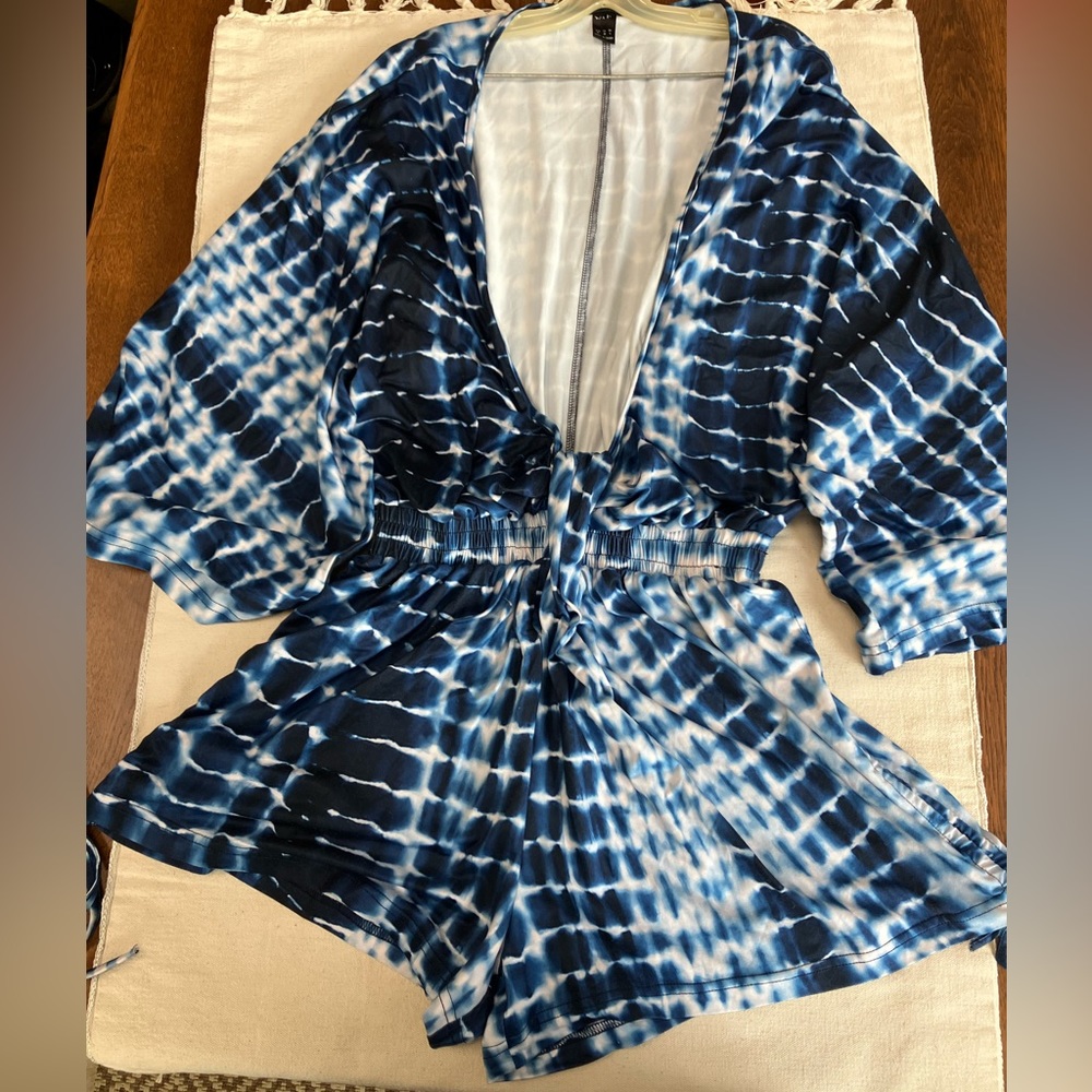 TieDye (blue/white) Swim Jumpsuit cover. M. Elastic waist. Drawstring sides.